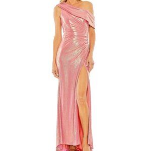 Mac Duggal 27152 Off The Shoulder Ruched Waist Slit Metallic Gown